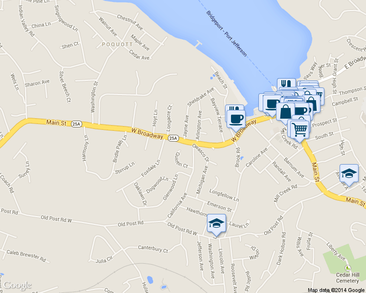 map of restaurants, bars, coffee shops, grocery stores, and more near 6 Quintin Court in Port Jefferson