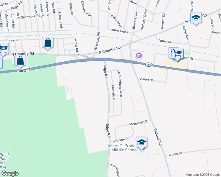 map of restaurants, bars, coffee shops, grocery stores, and more near 14 Michelle Dr in Shoreham