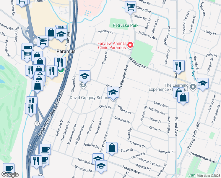 map of restaurants, bars, coffee shops, grocery stores, and more near 134 Arnot Place in Paramus