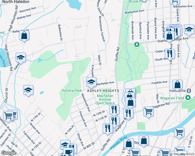 map of restaurants, bars, coffee shops, grocery stores, and more near 49 Karl Avenue in Hawthorne
