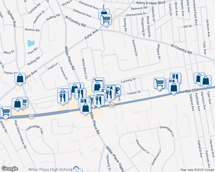 map of restaurants, bars, coffee shops, grocery stores, and more near 8 Sorrento Court in Miller Place