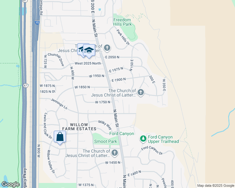 map of restaurants, bars, coffee shops, grocery stores, and more near 43 East 1825 North in Centerville