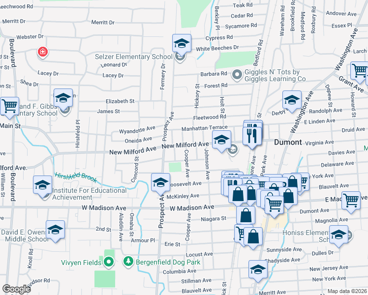 map of restaurants, bars, coffee shops, grocery stores, and more near 225 New Milford Avenue in Dumont