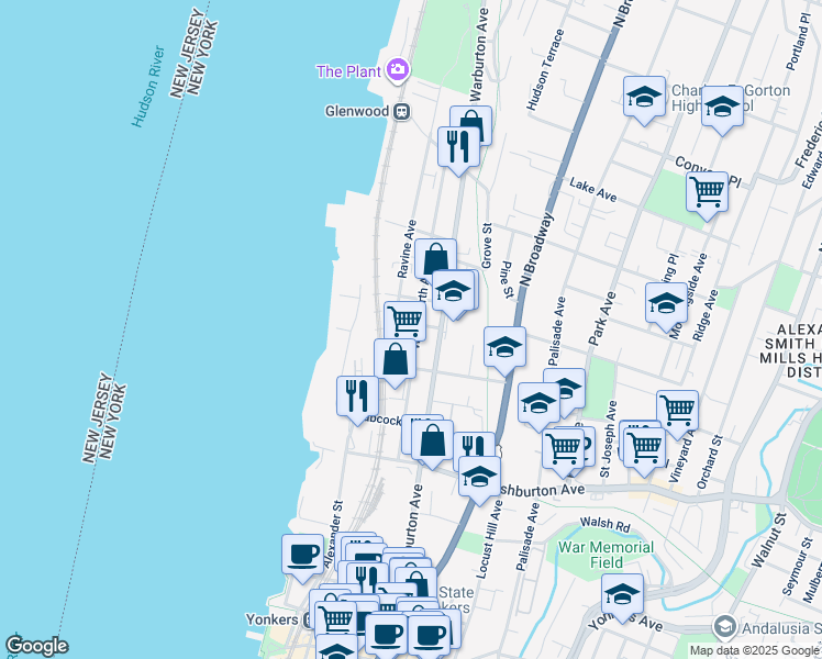 map of restaurants, bars, coffee shops, grocery stores, and more near 24 Ravine Avenue in Yonkers