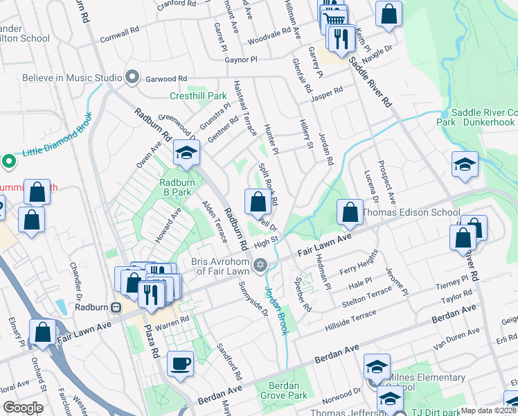 map of restaurants, bars, coffee shops, grocery stores, and more near 16-10 Split Rock Road in Fair Lawn