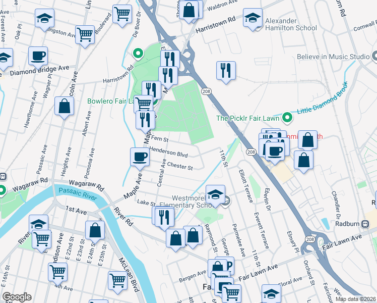 map of restaurants, bars, coffee shops, grocery stores, and more near 8-51 Henderson Boulevard in Fair Lawn