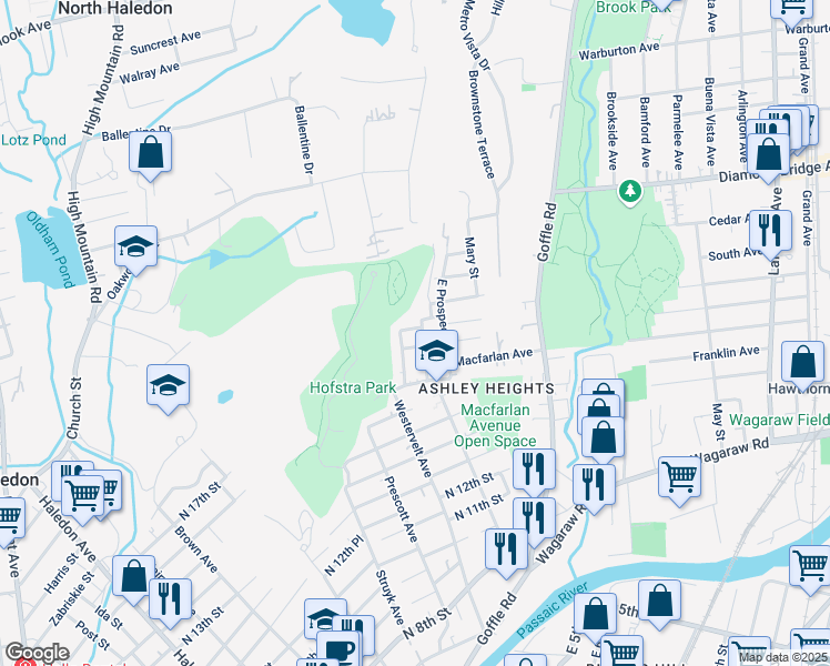 map of restaurants, bars, coffee shops, grocery stores, and more near 32 Prospect Street in Hawthorne