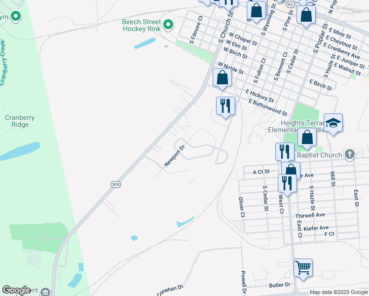 map of restaurants, bars, coffee shops, grocery stores, and more near 34-46 Newport Drive in Hazleton