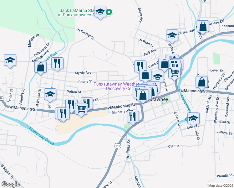 map of restaurants, bars, coffee shops, grocery stores, and more near 226 Pine St in Punxsutawney