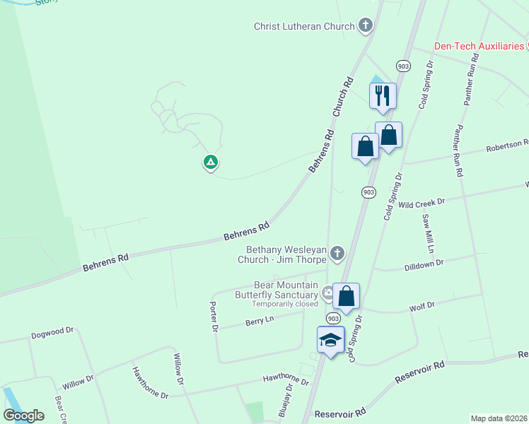 map of restaurants, bars, coffee shops, grocery stores, and more near 645 Behrens Road in Jim Thorpe