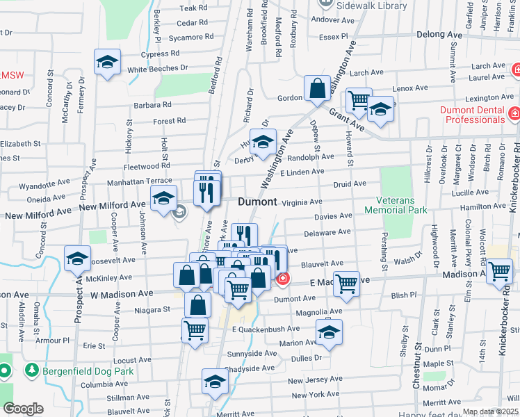 map of restaurants, bars, coffee shops, grocery stores, and more near in Dumont