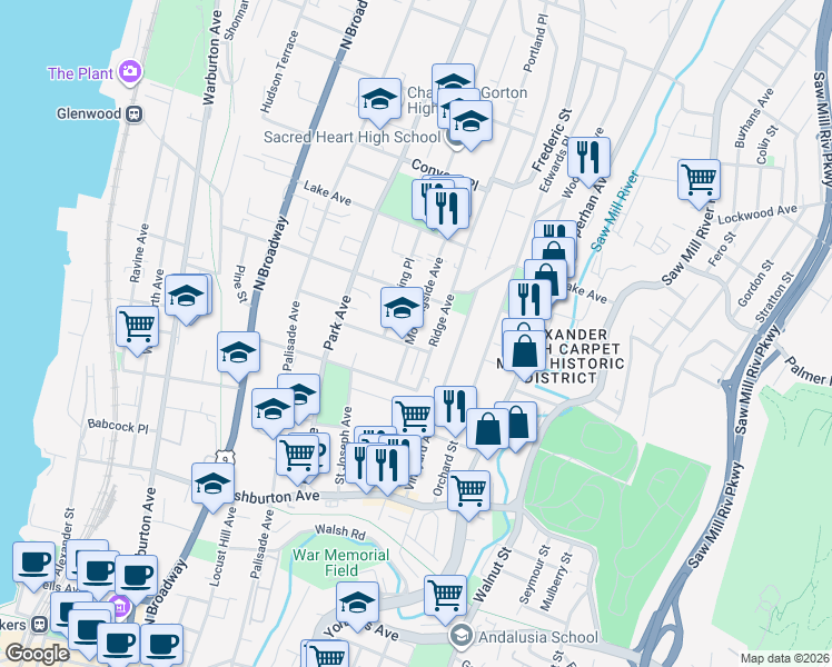 map of restaurants, bars, coffee shops, grocery stores, and more near 40 Morningside Avenue in Yonkers