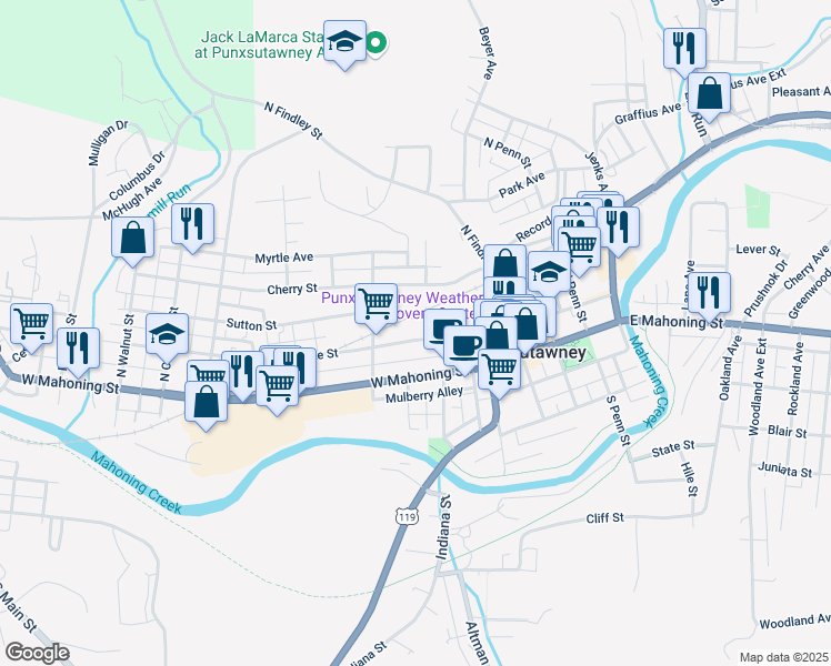 map of restaurants, bars, coffee shops, grocery stores, and more near 226 Pine St in Punxsutawney