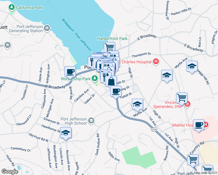 map of restaurants, bars, coffee shops, grocery stores, and more near 328 Main Street in Port Jefferson