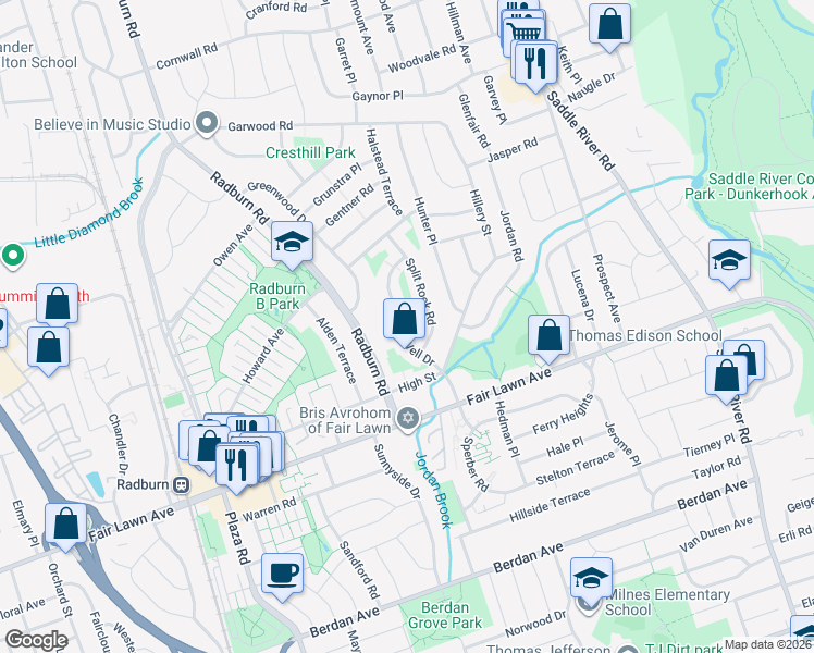 map of restaurants, bars, coffee shops, grocery stores, and more near 16-10 Split Rock Road in Fair Lawn