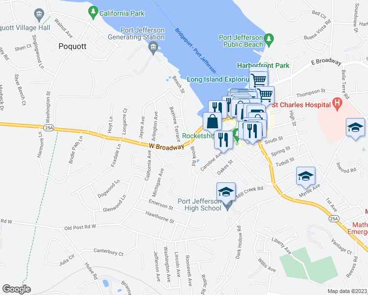 map of restaurants, bars, coffee shops, grocery stores, and more near 307 West Broadway in Port Jefferson