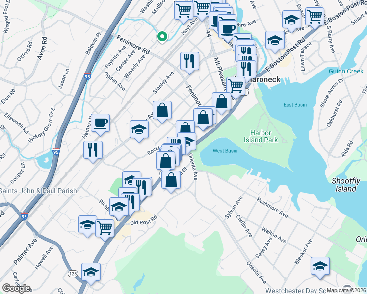 map of restaurants, bars, coffee shops, grocery stores, and more near 620 West Boston Post Road in Mamaroneck