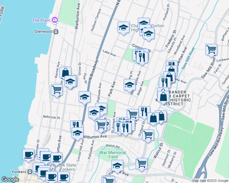 map of restaurants, bars, coffee shops, grocery stores, and more near 30 Fairview Street in Yonkers