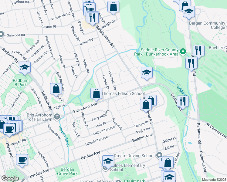 map of restaurants, bars, coffee shops, grocery stores, and more near 14-02 Prospect Avenue in Fair Lawn