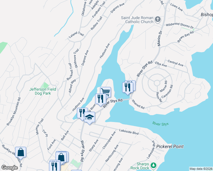 map of restaurants, bars, coffee shops, grocery stores, and more near 110 North River Styx Road in Hopatcong