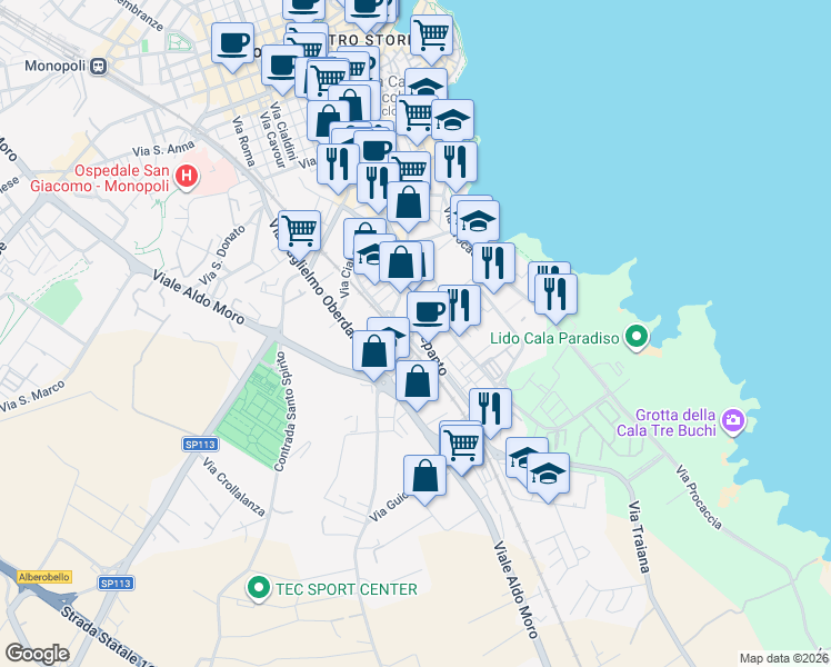 map of restaurants, bars, coffee shops, grocery stores, and more near 18 Via A. Muolo in Monopoli
