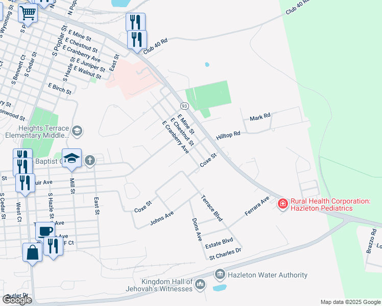 map of restaurants, bars, coffee shops, grocery stores, and more near 1315 East Cranberry Avenue in Hazleton