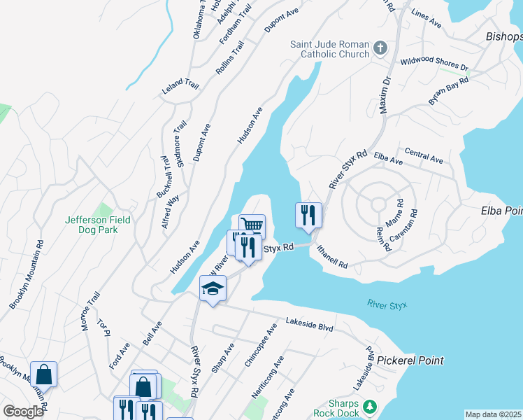 map of restaurants, bars, coffee shops, grocery stores, and more near 19 North River Styx Road in Hopatcong