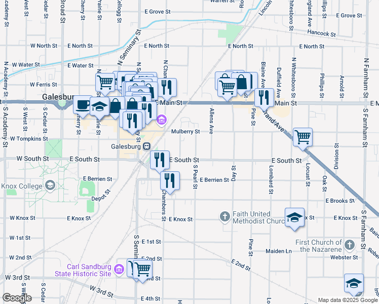 map of restaurants, bars, coffee shops, grocery stores, and more near 298 S Pearl St in Galesburg