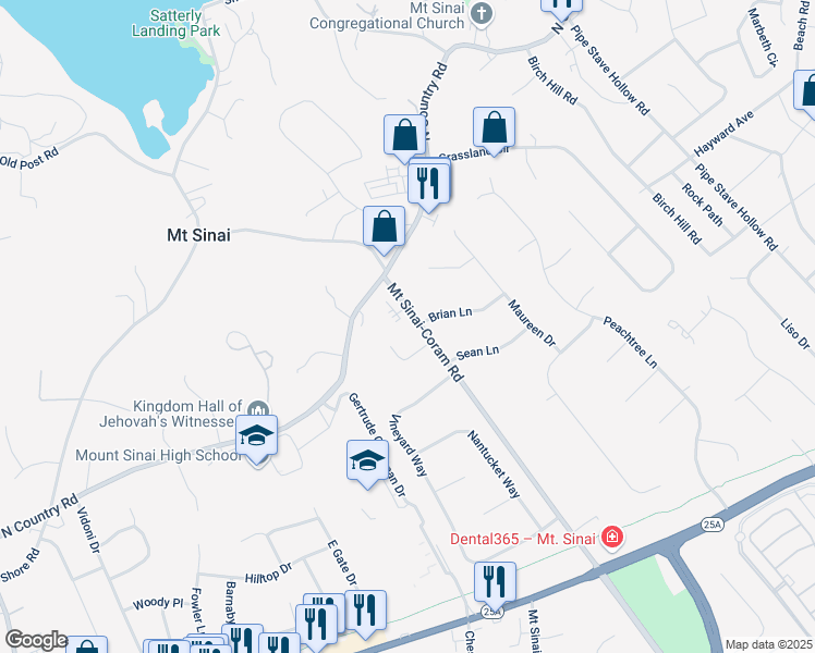 map of restaurants, bars, coffee shops, grocery stores, and more near 5 Dairy Lane in Mount Sinai