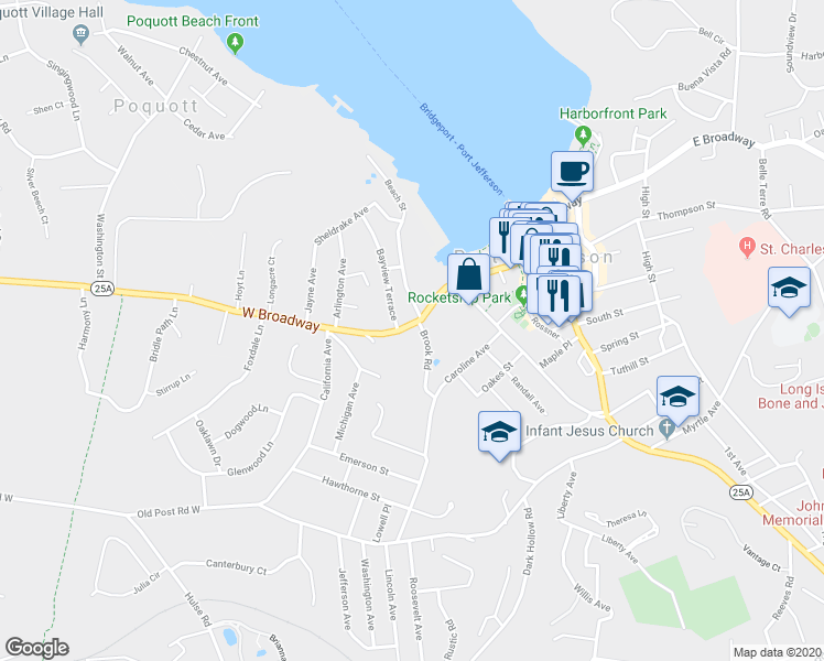 map of restaurants, bars, coffee shops, grocery stores, and more near 307 West Broadway in Port Jefferson