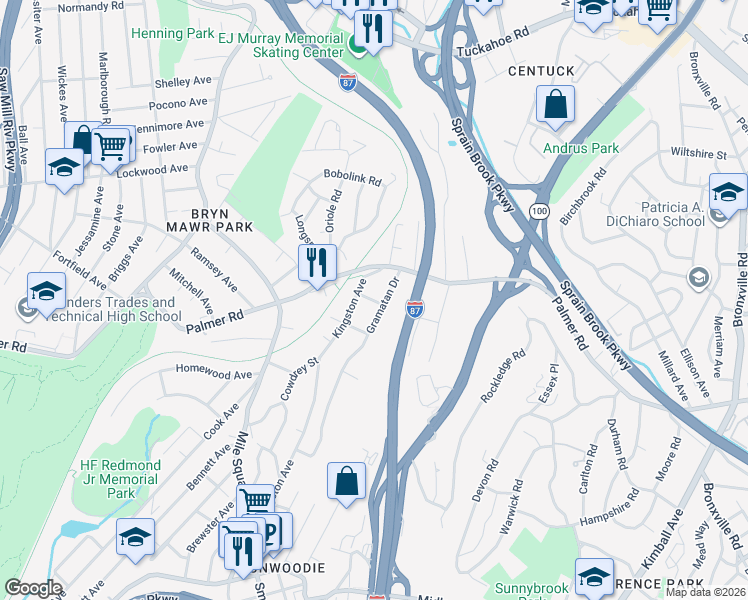 map of restaurants, bars, coffee shops, grocery stores, and more near 24 Kingston Avenue in Yonkers