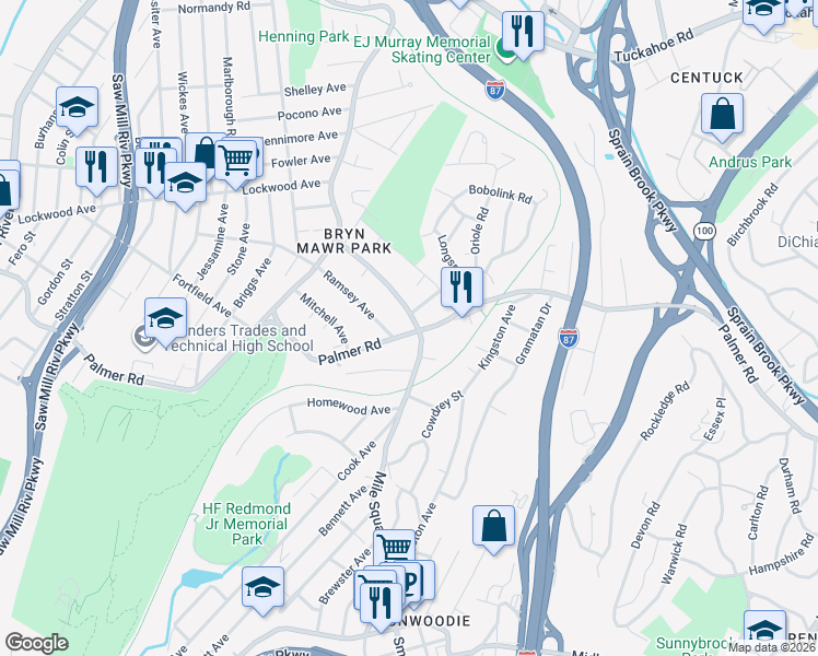 map of restaurants, bars, coffee shops, grocery stores, and more near 404 Palmer Road in Yonkers