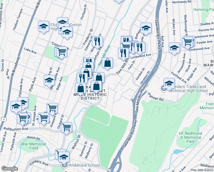 map of restaurants, bars, coffee shops, grocery stores, and more near 72 Fairmount Avenue in Yonkers