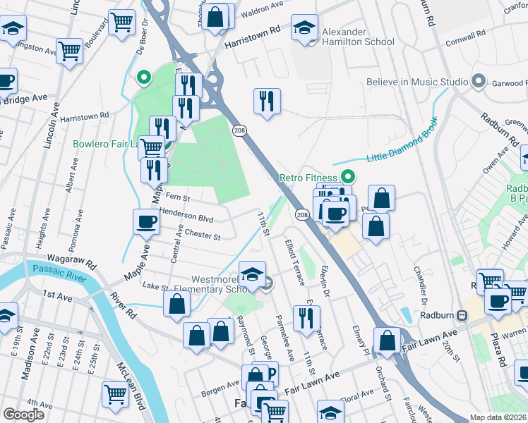 map of restaurants, bars, coffee shops, grocery stores, and more near Edison Court in Fair Lawn
