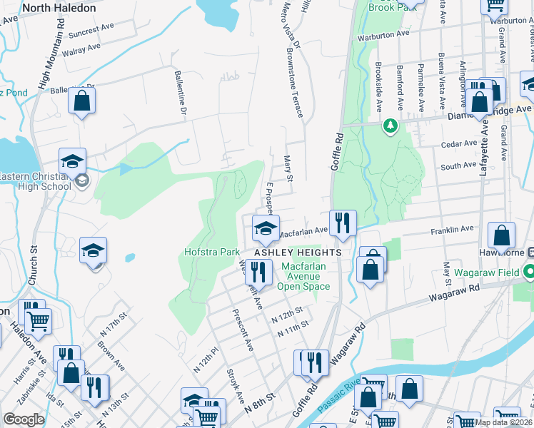 map of restaurants, bars, coffee shops, grocery stores, and more near 32 Prospect Street in Hawthorne