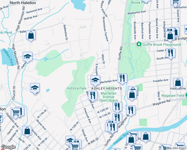 map of restaurants, bars, coffee shops, grocery stores, and more near 32 Prospect Street in Hawthorne