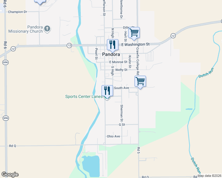 map of restaurants, bars, coffee shops, grocery stores, and more near 108 South Ave in Pandora