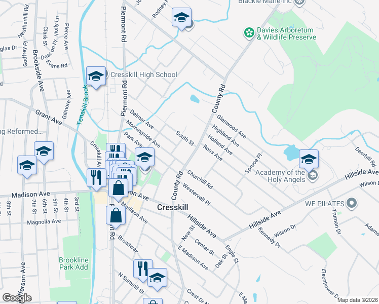 map of restaurants, bars, coffee shops, grocery stores, and more near 287 County Road in Cresskill