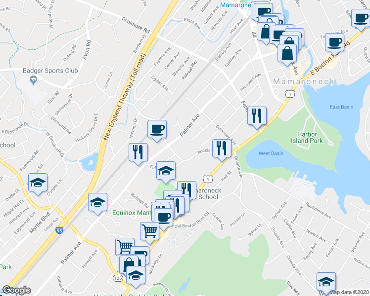 map of restaurants, bars, coffee shops, grocery stores, and more near 175 Rockland Avenue in Mamaroneck