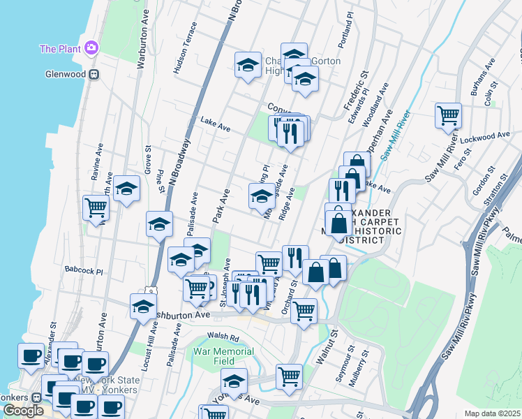 map of restaurants, bars, coffee shops, grocery stores, and more near in Yonkers