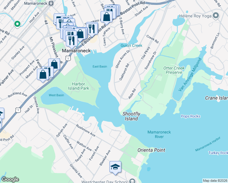 map of restaurants, bars, coffee shops, grocery stores, and more near 520 Shore Acres Drive in Mamaroneck