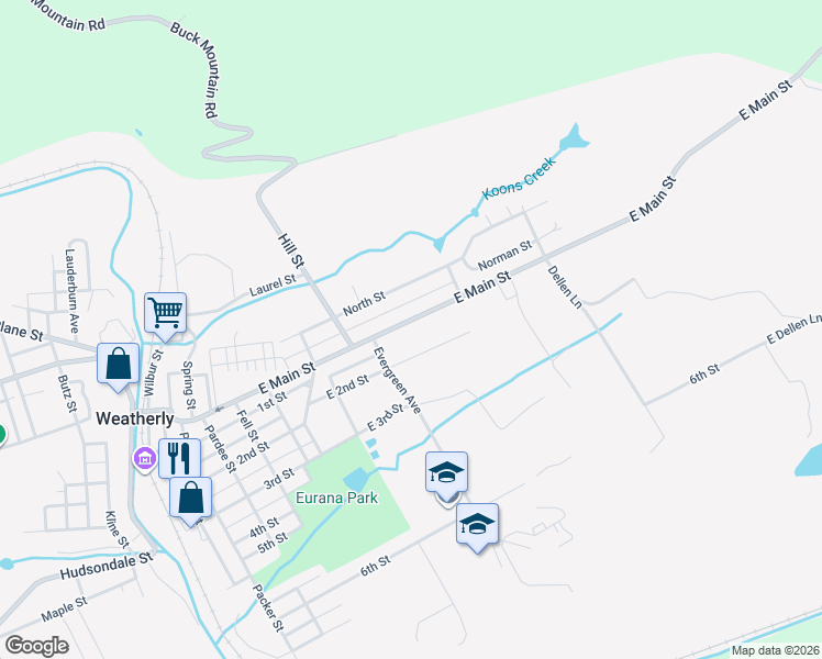 map of restaurants, bars, coffee shops, grocery stores, and more near 630 Evergreen Avenue in Weatherly