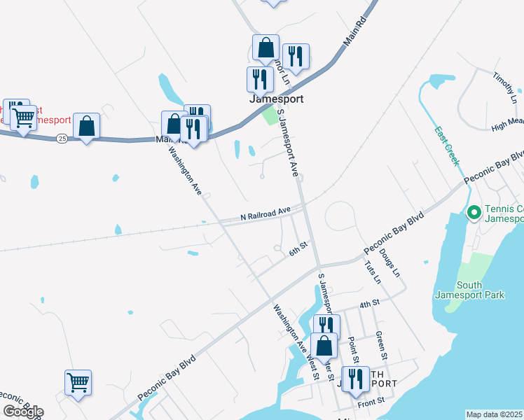 map of restaurants, bars, coffee shops, grocery stores, and more near 60 North Railroad Avenue in Riverhead