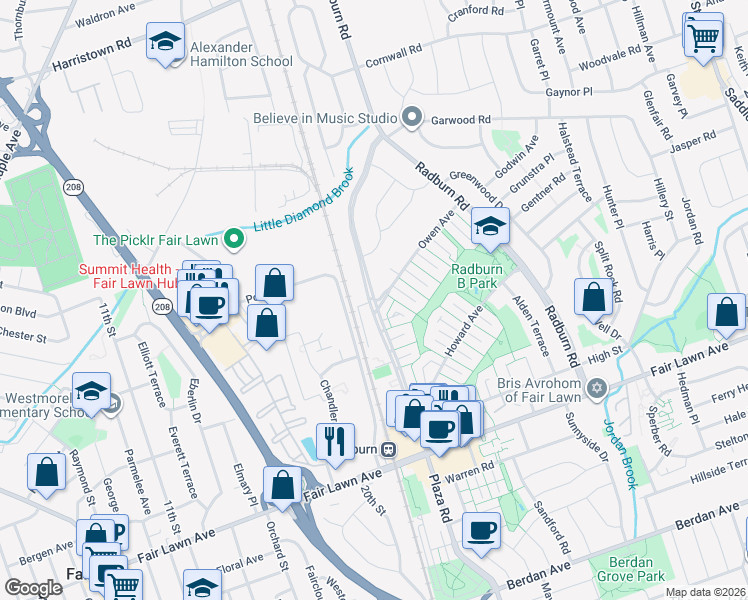 map of restaurants, bars, coffee shops, grocery stores, and more near 353 Plaza Road North in Fair Lawn