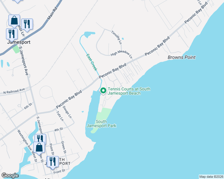 map of restaurants, bars, coffee shops, grocery stores, and more near 7 Oak Drive in Jamesport