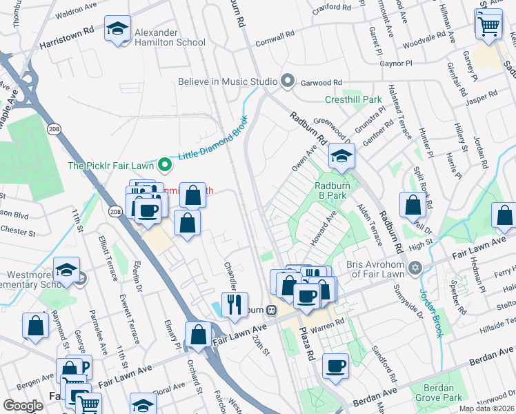 map of restaurants, bars, coffee shops, grocery stores, and more near 348 Plaza Road North in Fair Lawn
