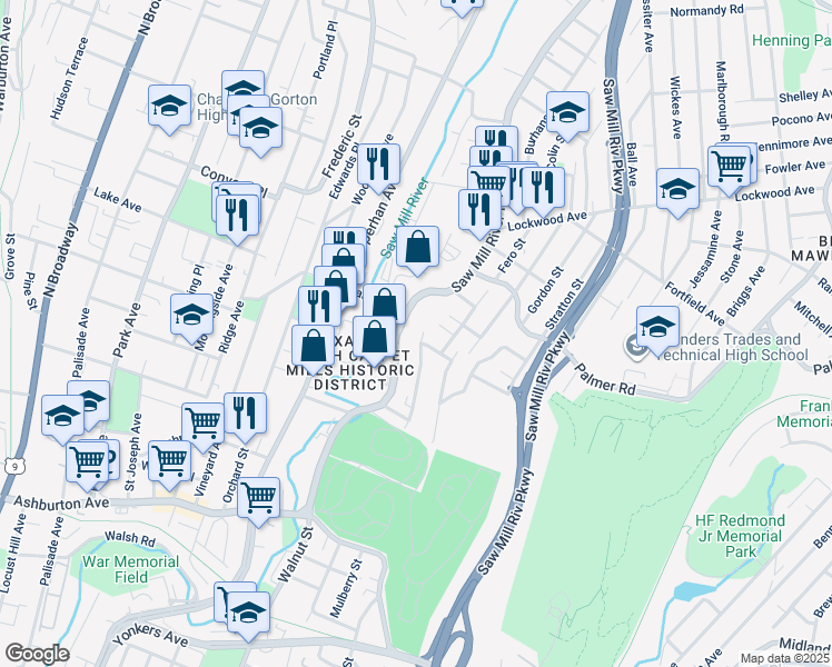 map of restaurants, bars, coffee shops, grocery stores, and more near 72 Fairmount Avenue in Yonkers
