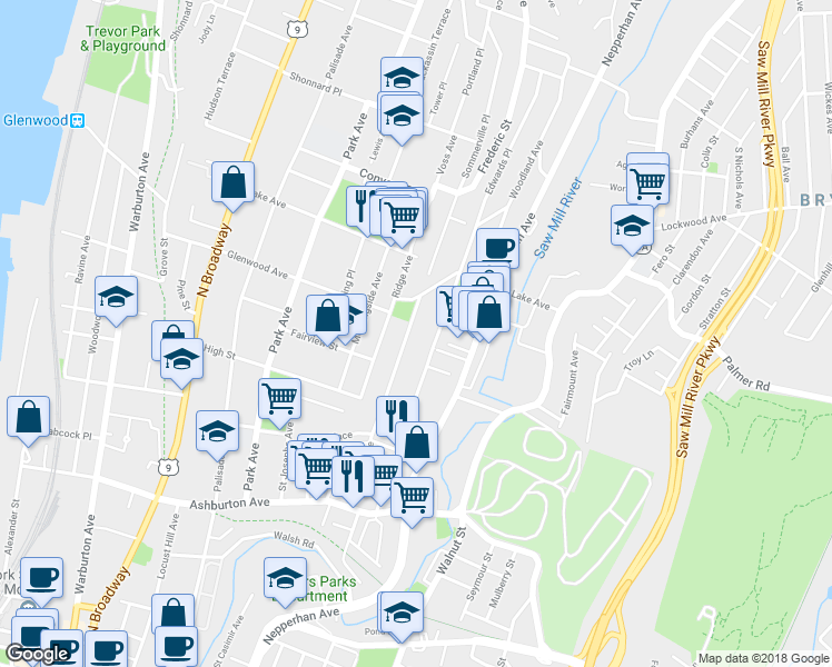 map of restaurants, bars, coffee shops, grocery stores, and more near 125 Orchard Street in Yonkers