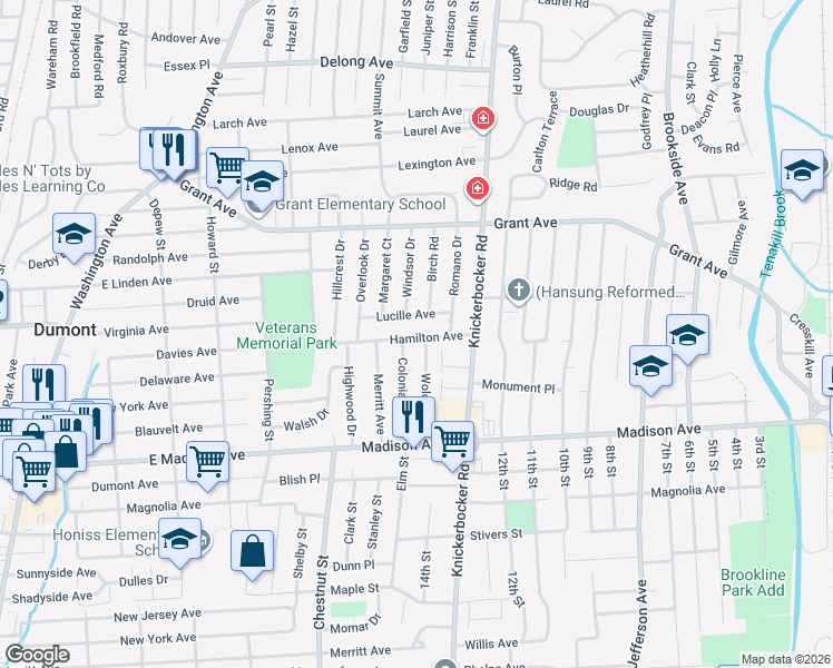 map of restaurants, bars, coffee shops, grocery stores, and more near 80 Wolcott Road in Dumont