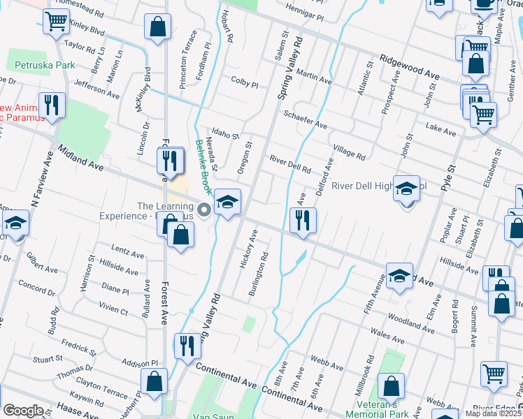 map of restaurants, bars, coffee shops, grocery stores, and more near 315 East Midland Avenue in Paramus